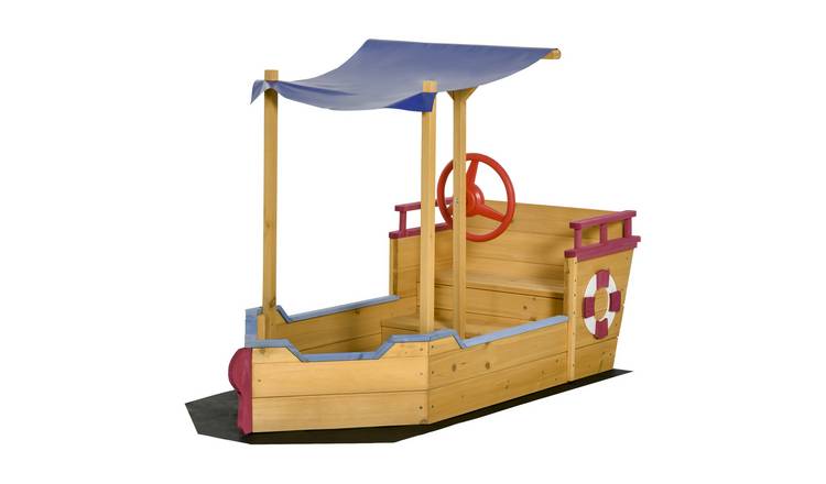 Outsunny Wooden Kids Sandbox Pirate Ship with Canopy Shade - Orange