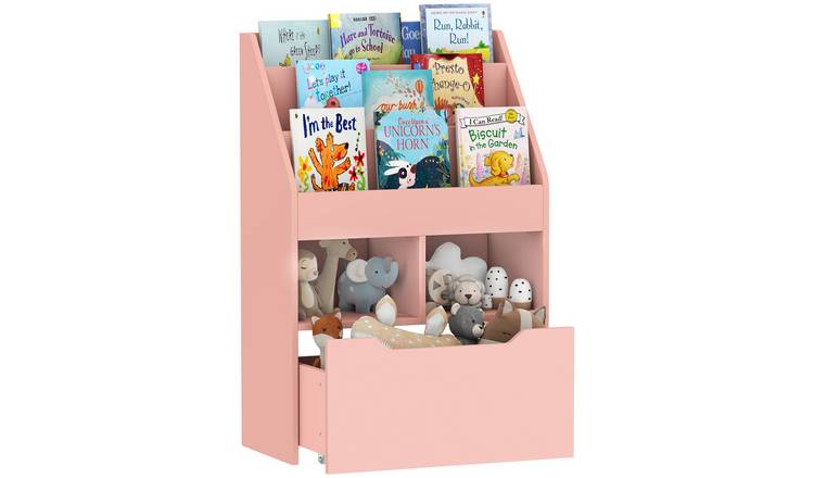 HOMCOM Montessori-Inspired Kids Bookshelf with Wheels Drawer for Bedroom - Pink