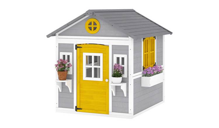 Outsunny Wooden Outdoor Kids Playhouse with Windows Plant Pots - Grey