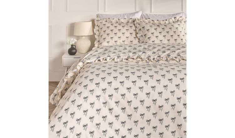 OHS Ditsy Bow Frill Duvet Cover Set Microfibre Bedding Cream - Double