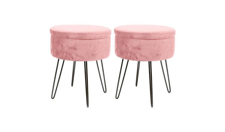 Harbour Housewares Round Velvet Storage Footstools - Pink/Black - Set of 2