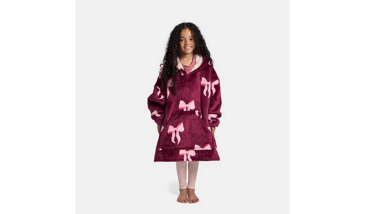 OHS Kids Bow Print Hoodie Blanket - One Size - Burgundy