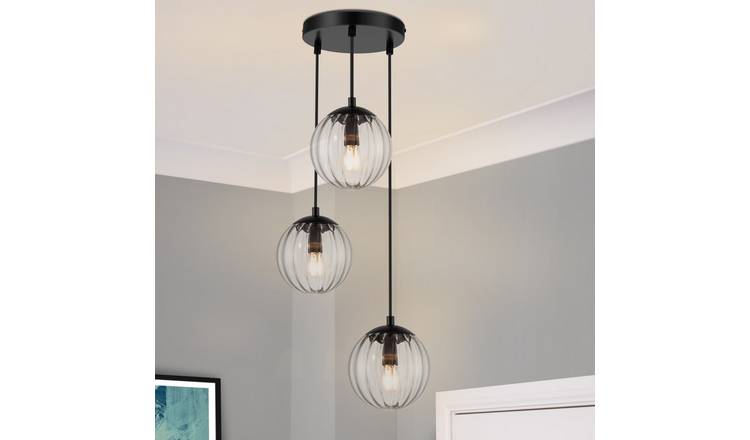 Cosylyte Kingston 3 Light Modern Ribbed Glass Pendant Light - Matt Black Base