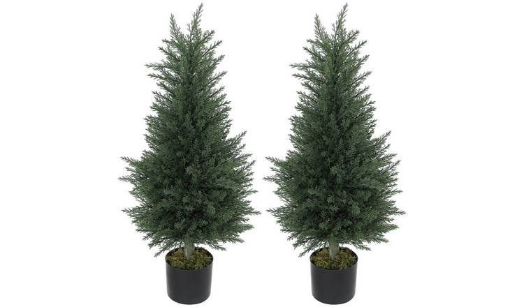 HOMCOM Set of 2 3FT Artificial Cypress Tree with Plastic Pots- Green