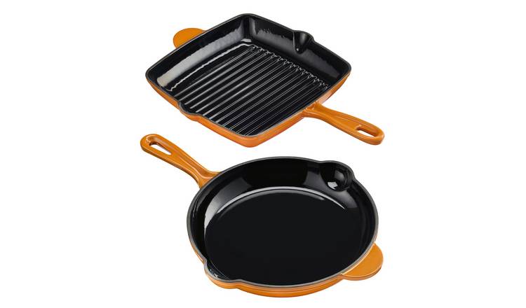 Cooks Professional 2 Piece Cast Iron Frying Pan and Skillet Set - Orange