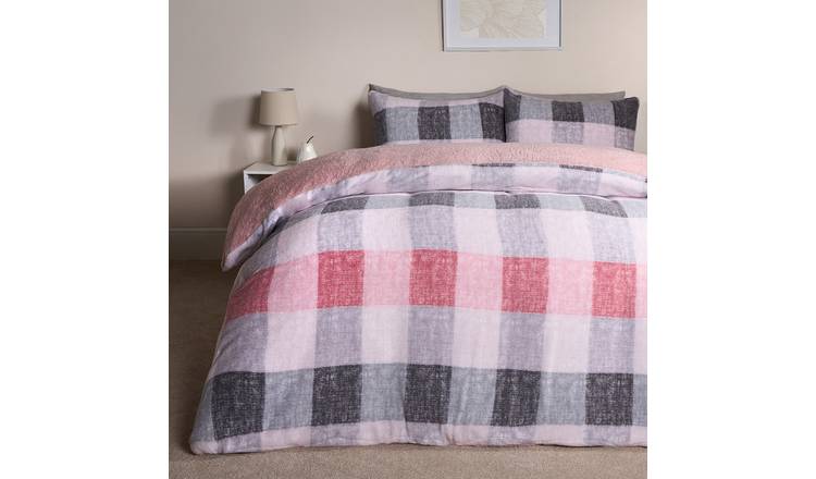 OHS Gingham Check Teddy Duvet Cover Set Blush - Double