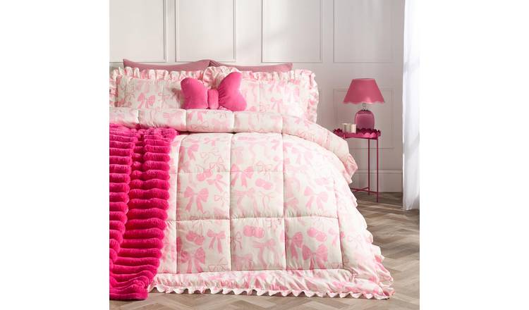 OHS Bows Frill Edge Coverless 7.5 Tog Duvet Set Bedding Pink - Double