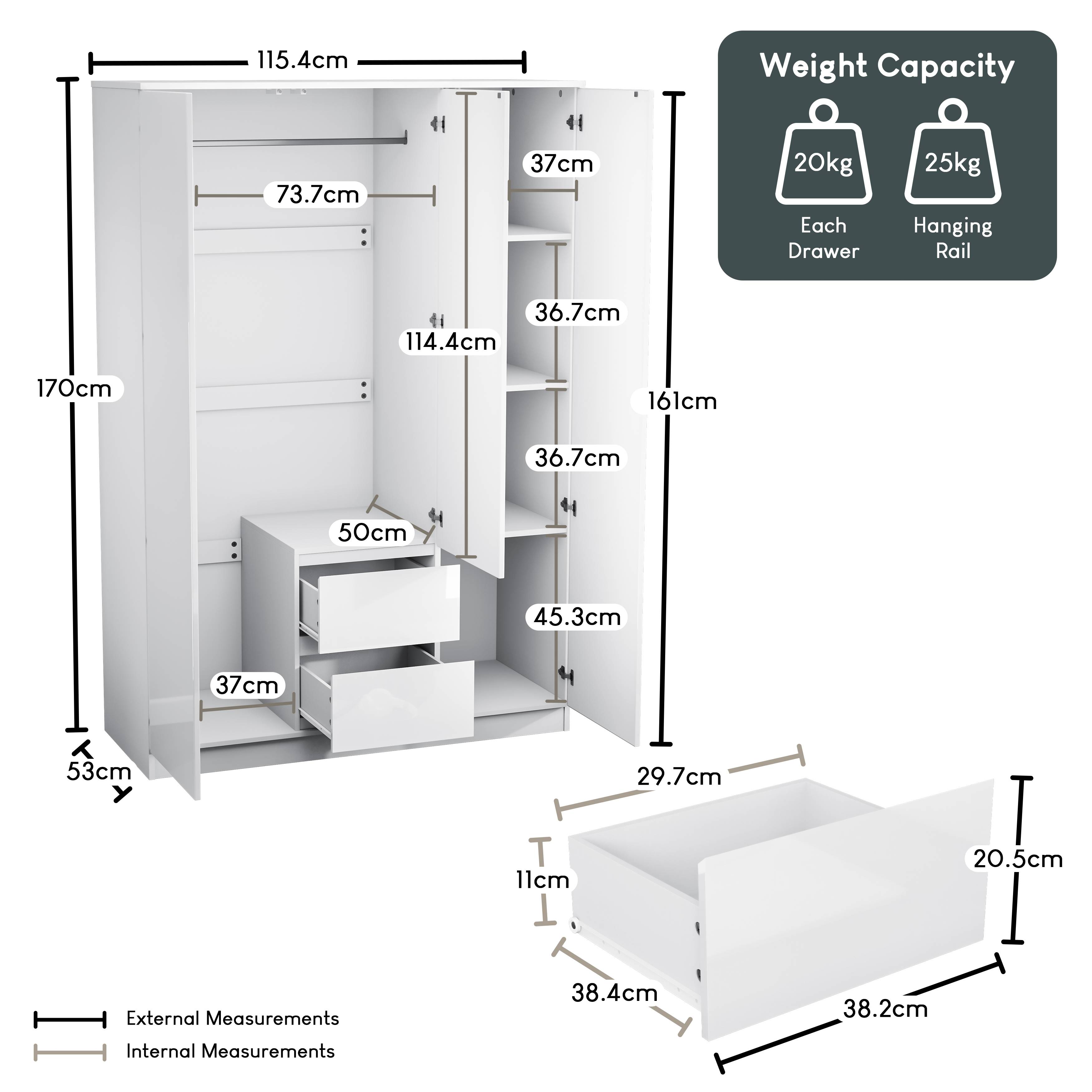 Vida Designs Glinton Bedroom Set (2x Bedside, 8 Drawer Chest, Wardrobe) - White - Image 9