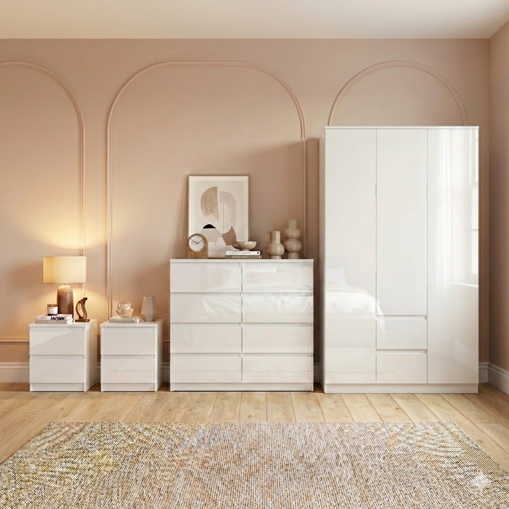 Vida Designs Glinton Bedroom Set (2x Bedside, 8 Drawer Chest, Wardrobe) - White - Image 1