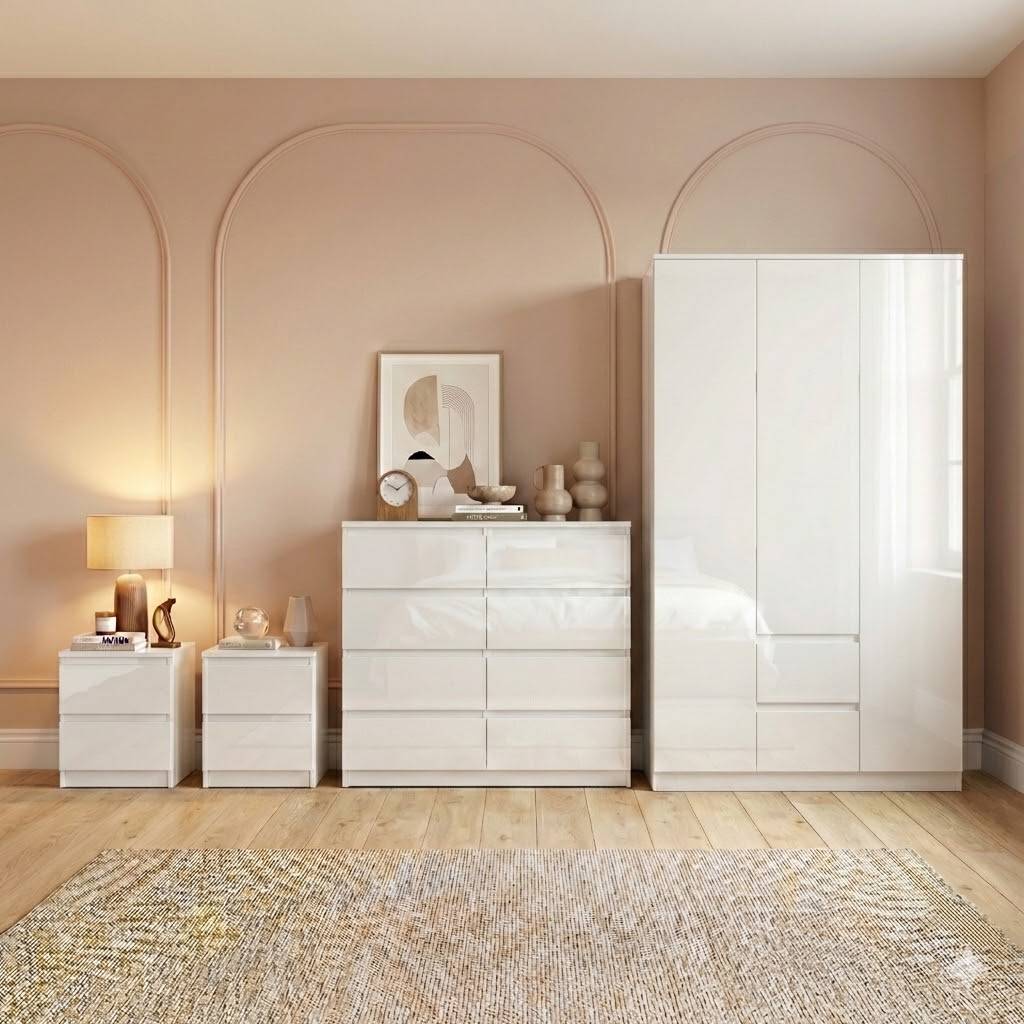 Vida Designs Glinton Bedroom Set (2x Bedside, 8 Drawer Chest, Wardrobe) - White - Image 1