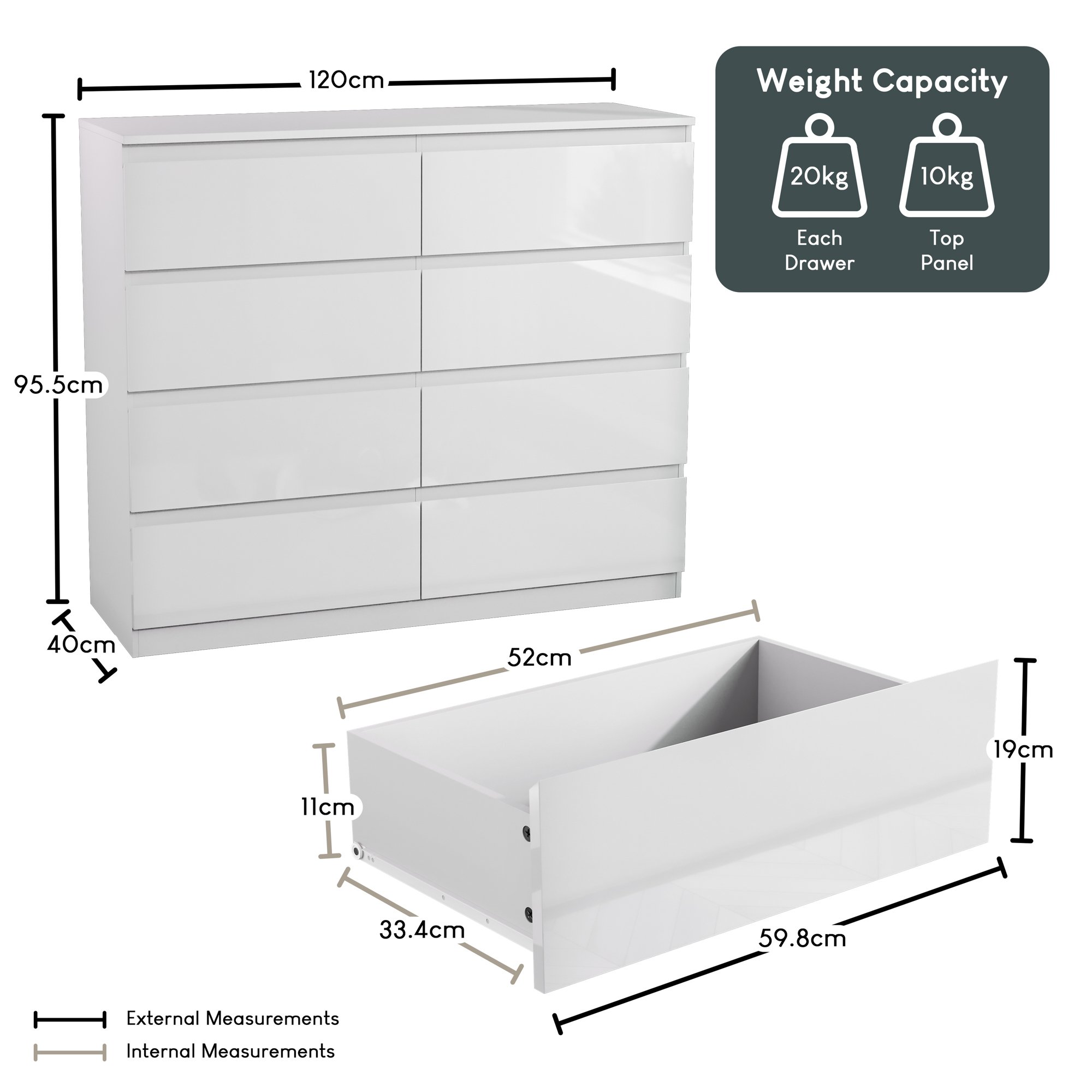 Vida Designs Glinton Bedroom Set (2x Bedside, 8 Drawer Chest, Wardrobe) - White - Image 3