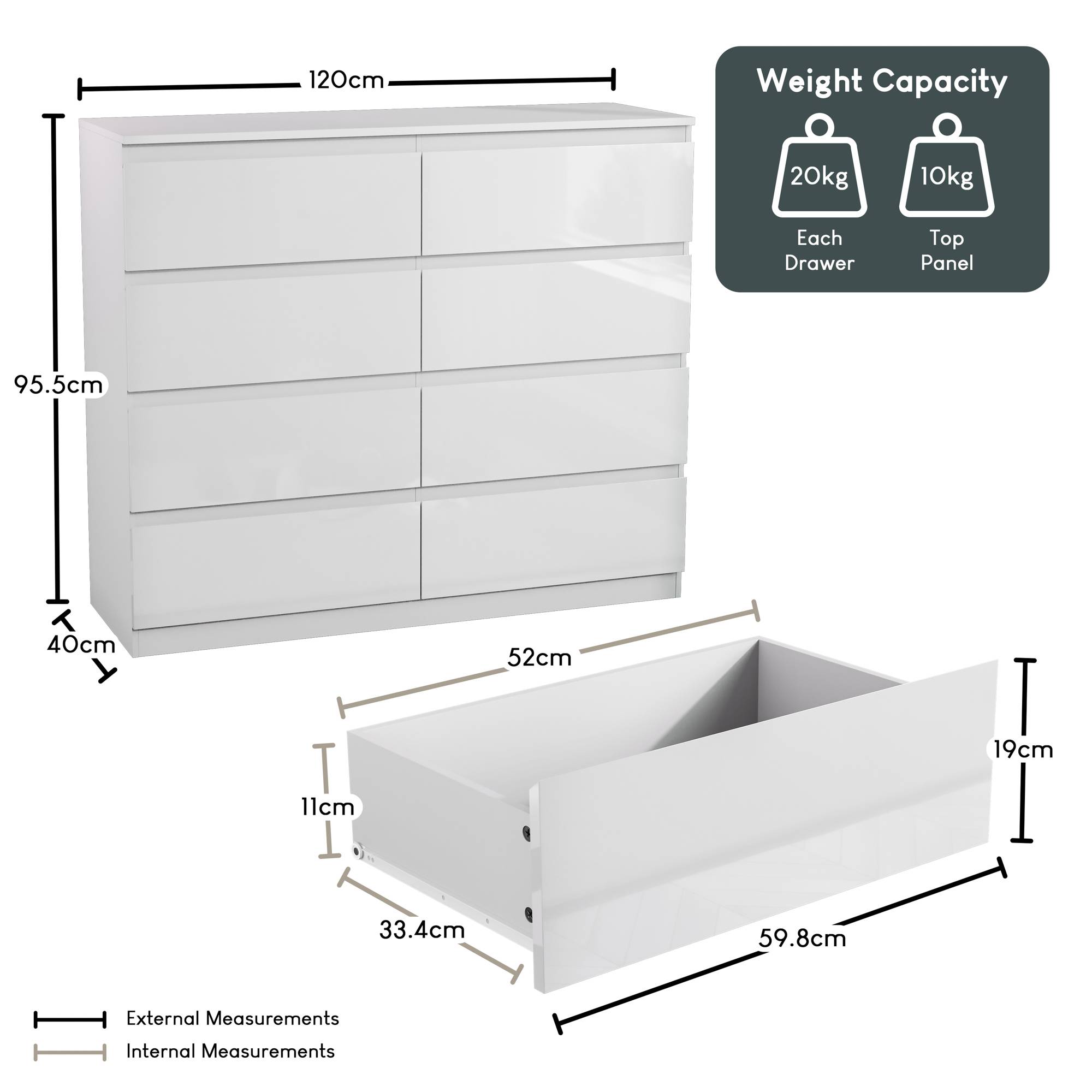 Vida Designs Glinton Bedroom Set (2x Bedside, 8 Drawer Chest, Wardrobe) - White - Image 3