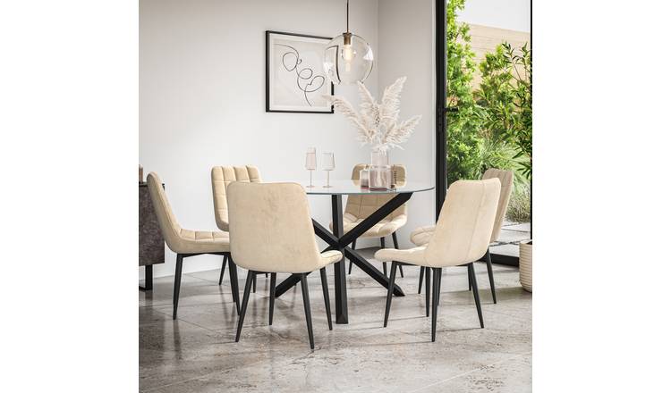 Furniture Online Malvern Nova Glass Top Dining Table & 6 Beige Chairs