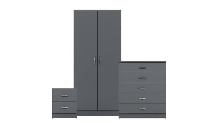 Vida Designs Riano Bedroom Set (Bedside, 5 Drawer Chest, 2 Door Wardrobe) - Grey