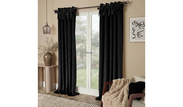 OHS Bow Décor Velvet Eyelet Curtains - 229 x 229cm - Black