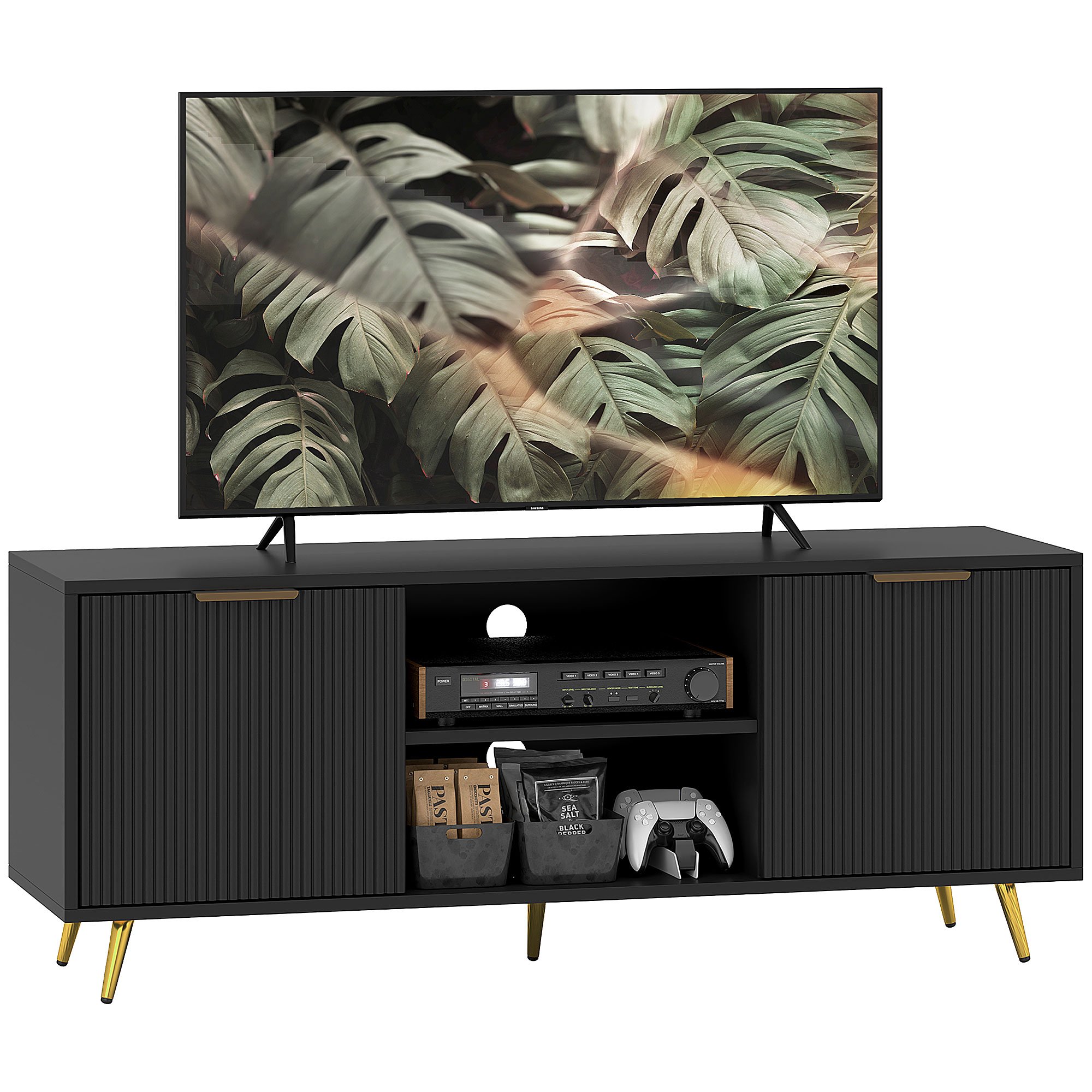 HOMCOM Modern Cable Management TV Stand Cabinet - Black - Image 2