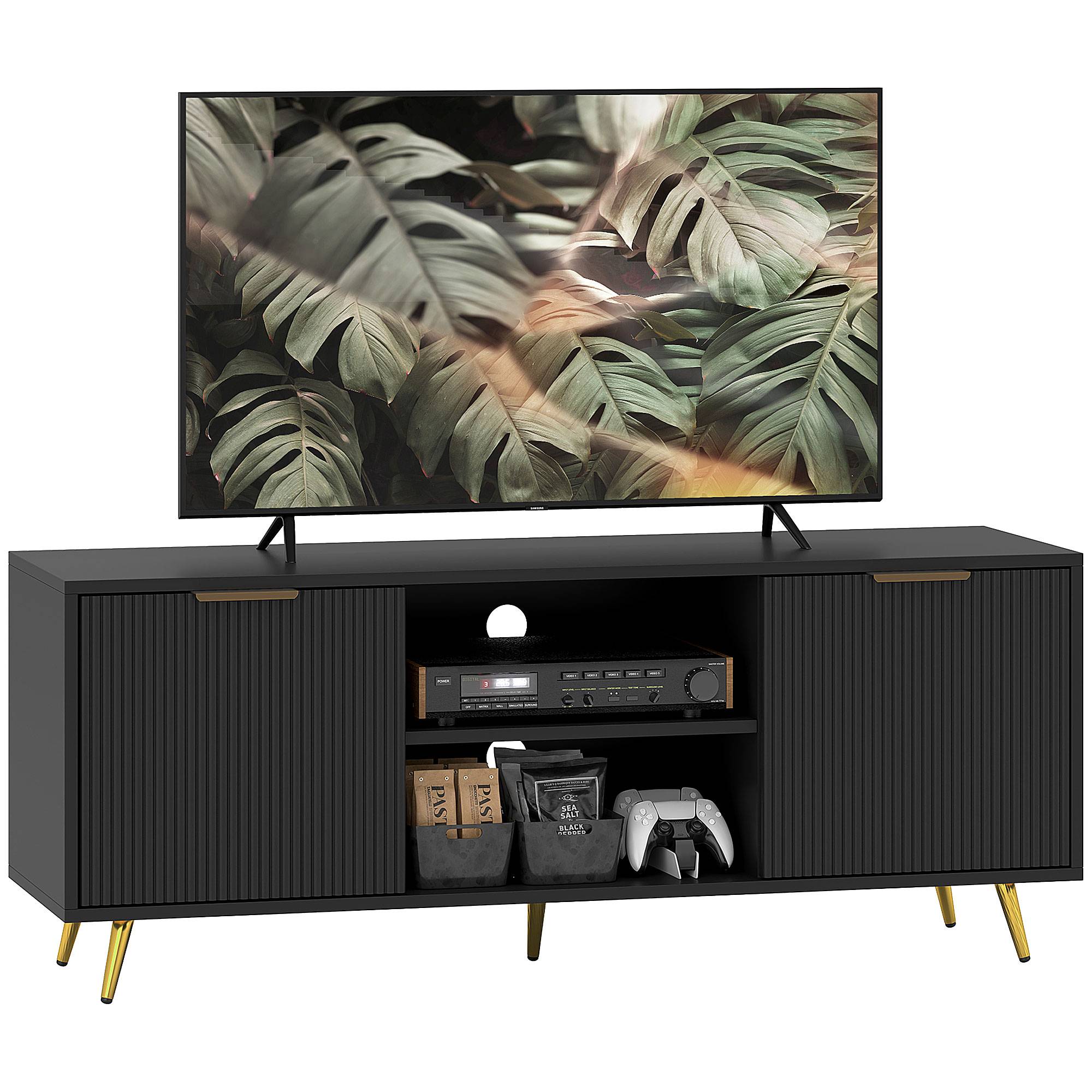 HOMCOM Modern Cable Management TV Stand Cabinet - Black - Image 2