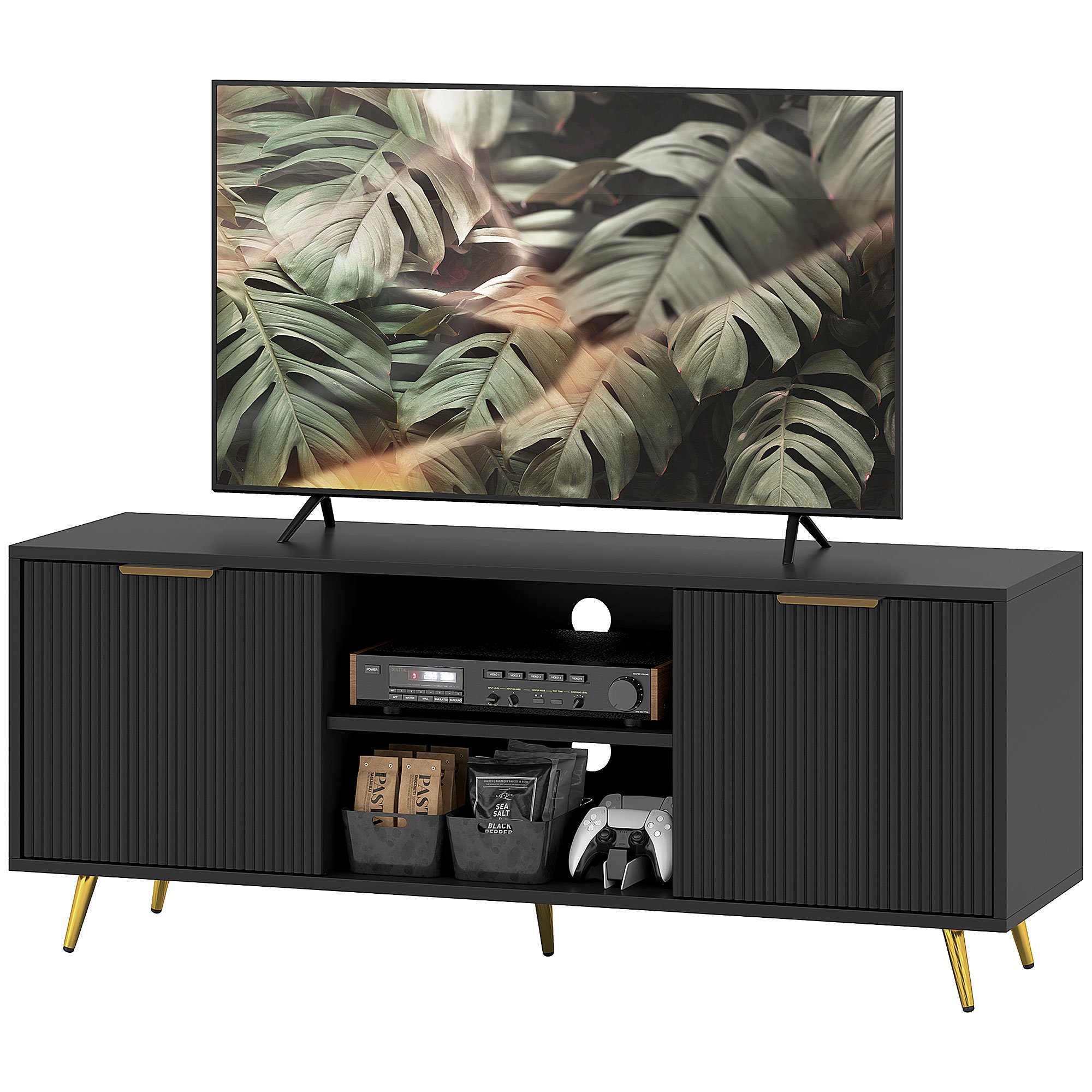 HOMCOM Modern Cable Management TV Stand Cabinet - Black - Image 3