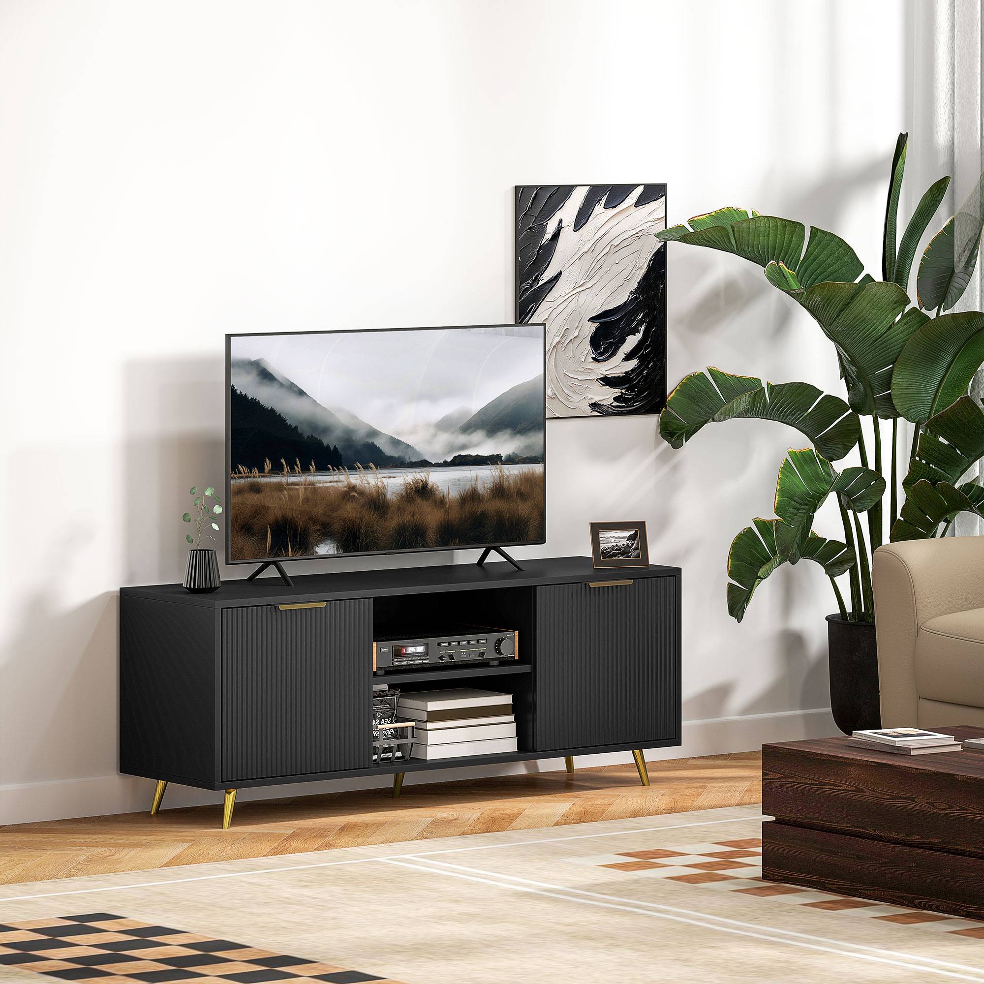 HOMCOM Modern Cable Management TV Stand Cabinet - Black - Image 4