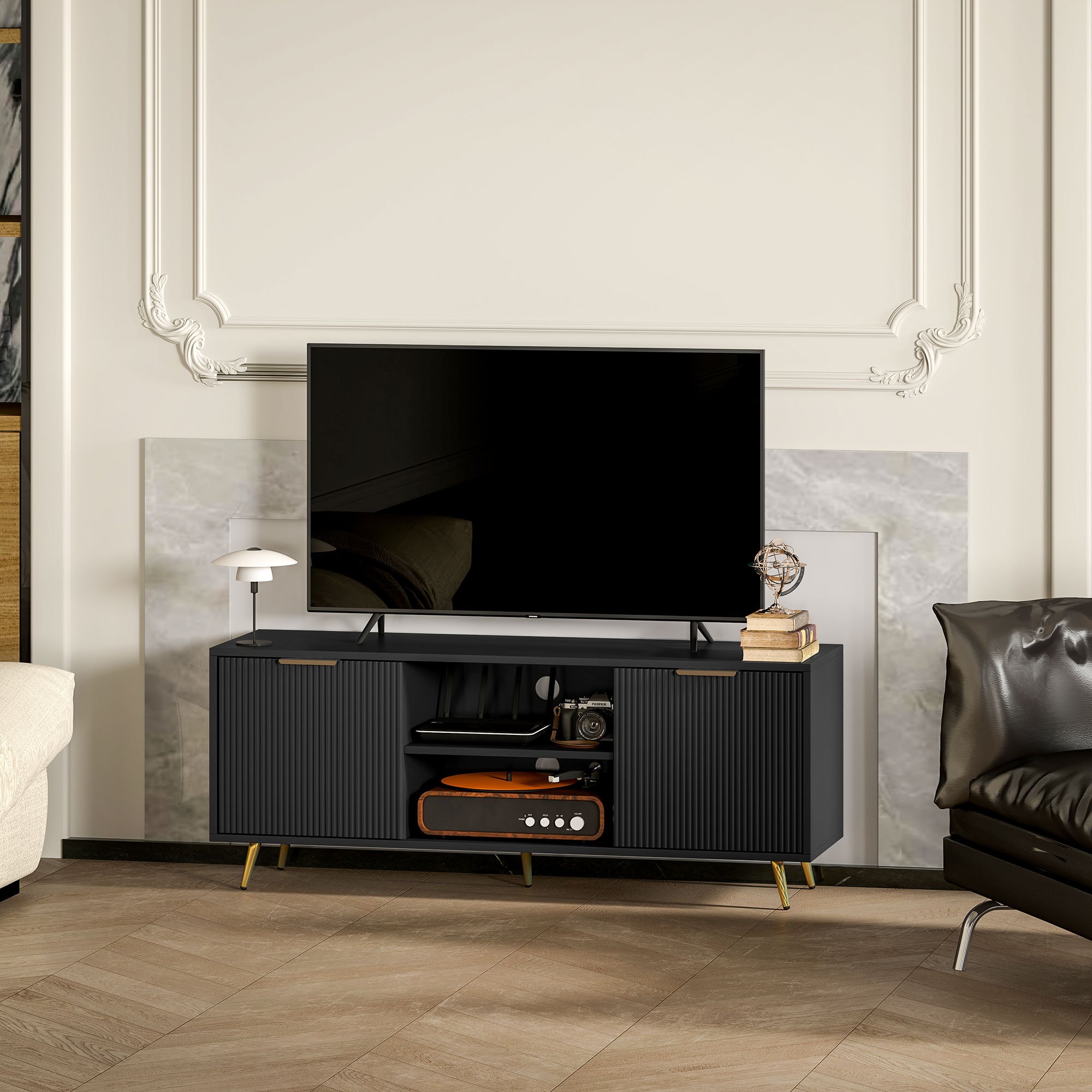 HOMCOM Modern Cable Management TV Stand Cabinet - Black - Image 5