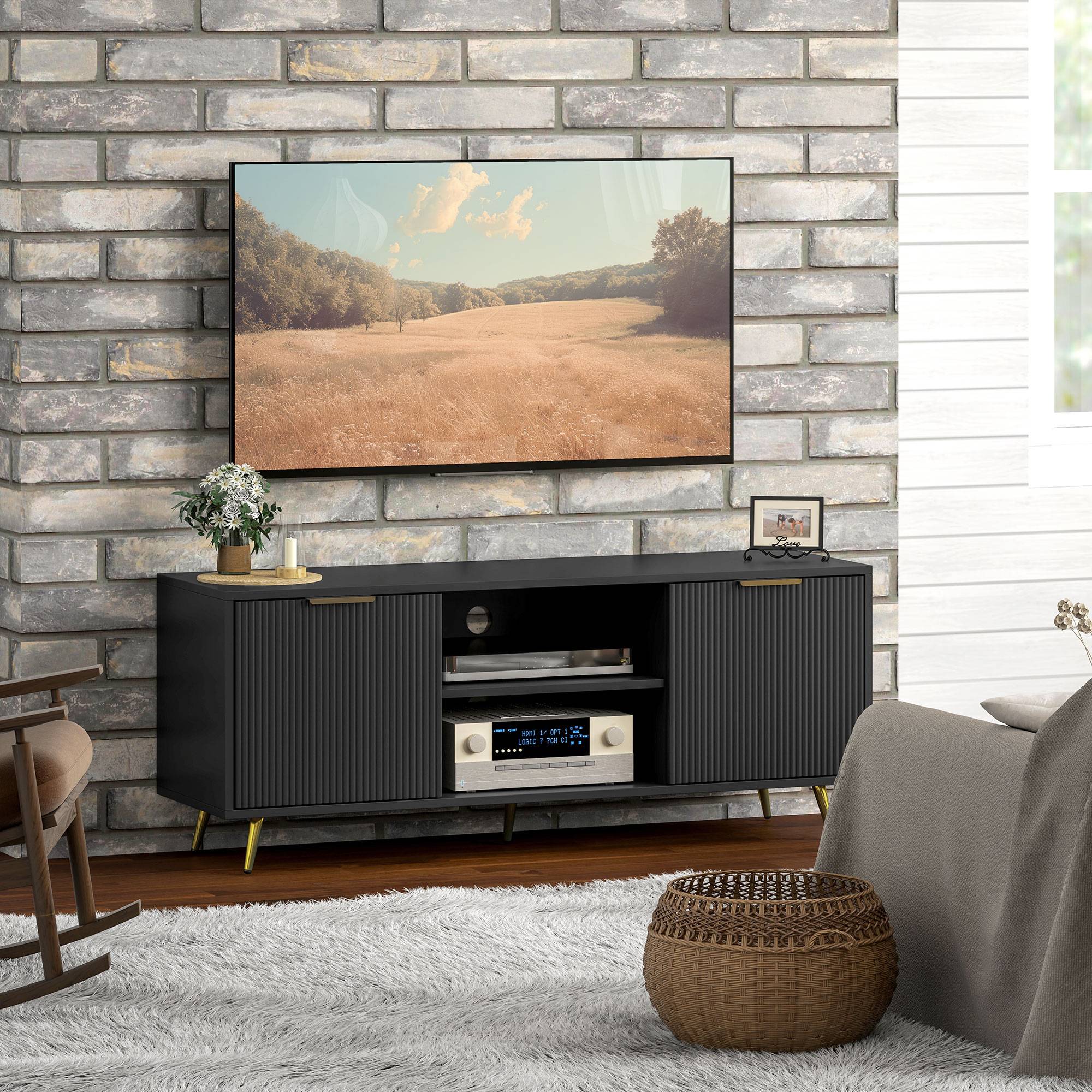 HOMCOM Modern Cable Management TV Stand Cabinet - Black - Image 7