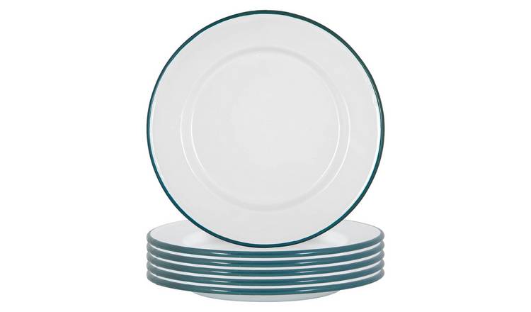 Argon Tableware White Enamel Dinner Plates - Green - Pack of 6