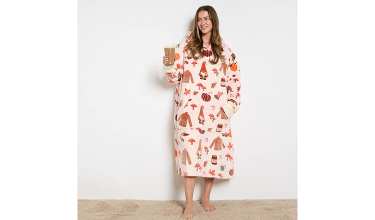OHS Autumn Print Extra Long Hoodie Blanket - One Size - Beige