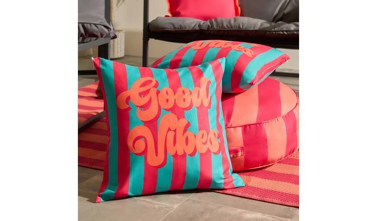 OHS 2 Pack Good Vibes Stripe Garden Cushion Covers - Orange/Blue