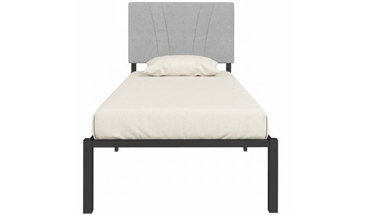 HOMCOM 3FT Metal Single Bed Frame with Upholstered Headboard - Black and Grey