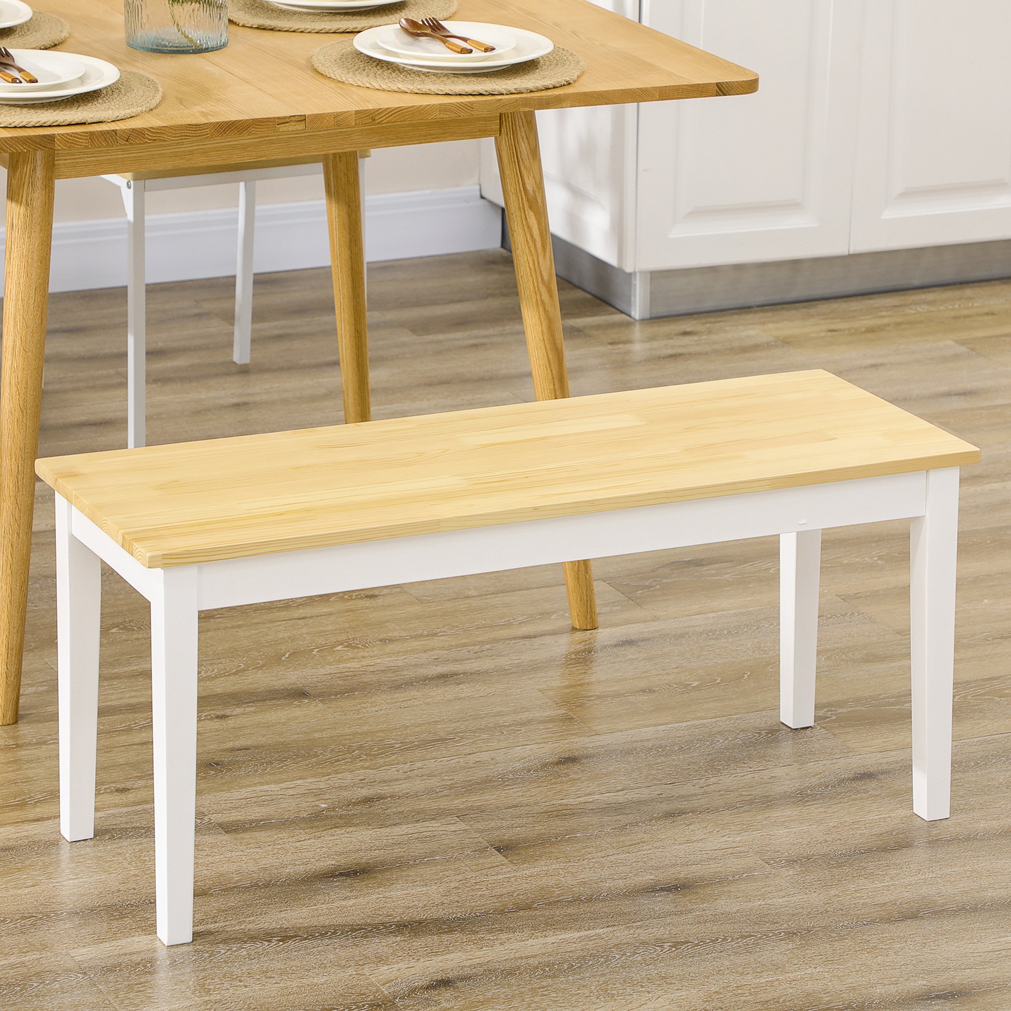 HOMCOM 2 Seater Wooden Dining Bench with Pine Wood for Kitchen - White - Image 4