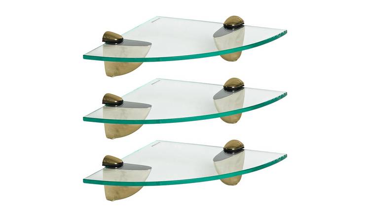 Harbour Housewares Floating Glass Bathroom Corner Shelves - Gold - Set of 3