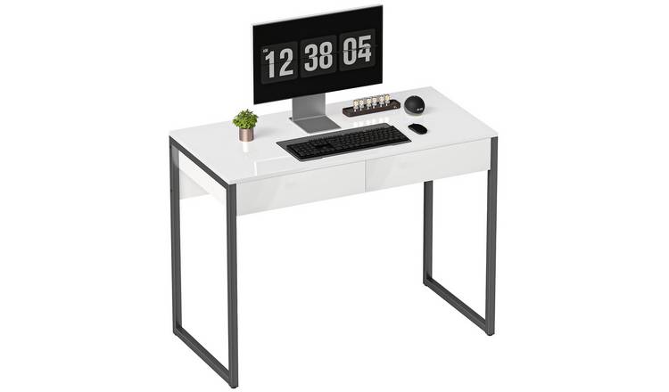 HOMCOM High Gloss Computer Desk with 2 Drawers - White And Black