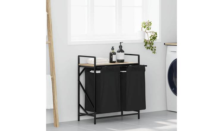 Walplus Steel Laundry Basket 2 Compartments with Shelf - Brown - 67 x 33 x 77 cm