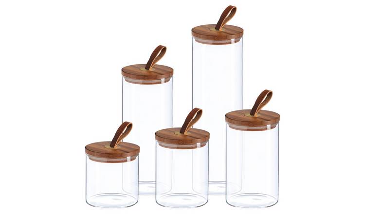 Argon Tableware 5pc Scandi Storage Jar Set with Leather Loop Lids