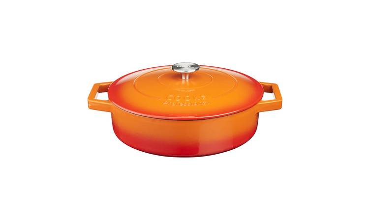 Cooks Professional 28cm Shallow Cast Iron Casserole Dish with Lid - Orange