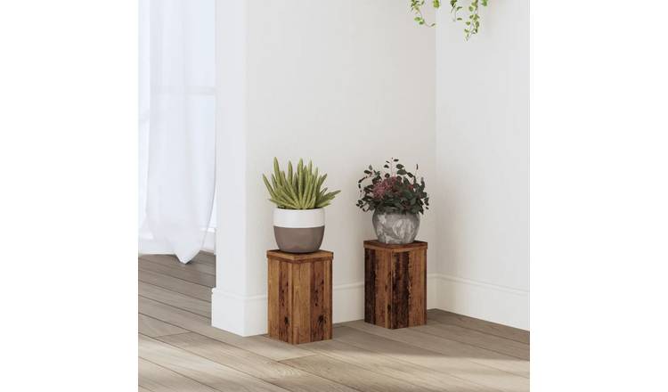 Walplus Pack of 2 Engineered Wood Plant Stand - Old Wood - 10 x 10 x 18 cm