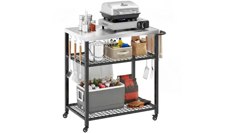 Outsunny 3 Tier Stainless Steel Tabletop with Brake Wheels - Black