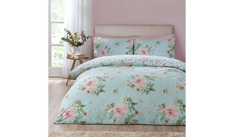 Catherine Lansfield Avebury Floral Duvet Cover Set - Double - Duck Egg
