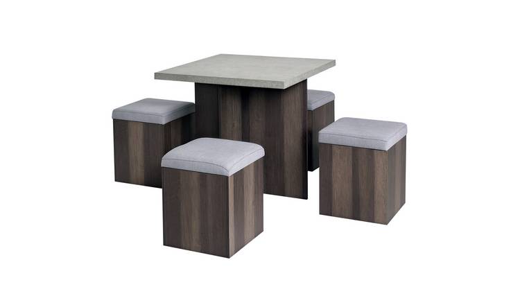 HOMCOM 5 Piece Dining Table Set with Storage Ottoman - Grey Wood Grain