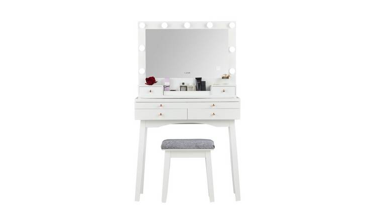 CARME Home Taylor Dressing Table With Large Hollywood Mirror Lights - White