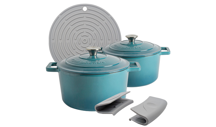 Argon Tableware Round Cast Iron Casserole Dishes - Teal Ombre - Set of 2
