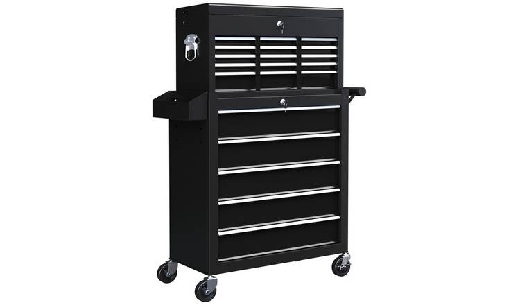 HOMCOM 14 Drawer Rolling Tool Cabinet with Pegboard and Side Rack - Black