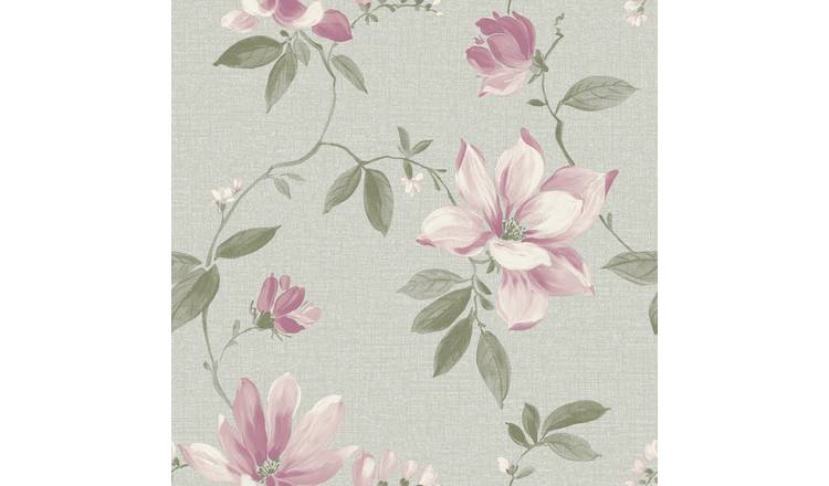 Grandeco Adeline Traditional Floral Trail Fabric Textured Wallpaper - Pink Grey
