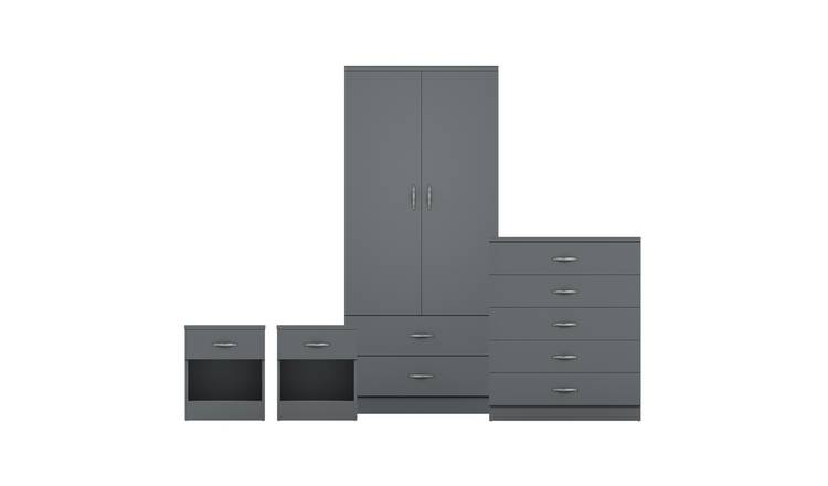 Vida Designs Riano Bedroom Set (Bedsides, 5 Drawer Chest, 2x2 Wardrobe) - Grey