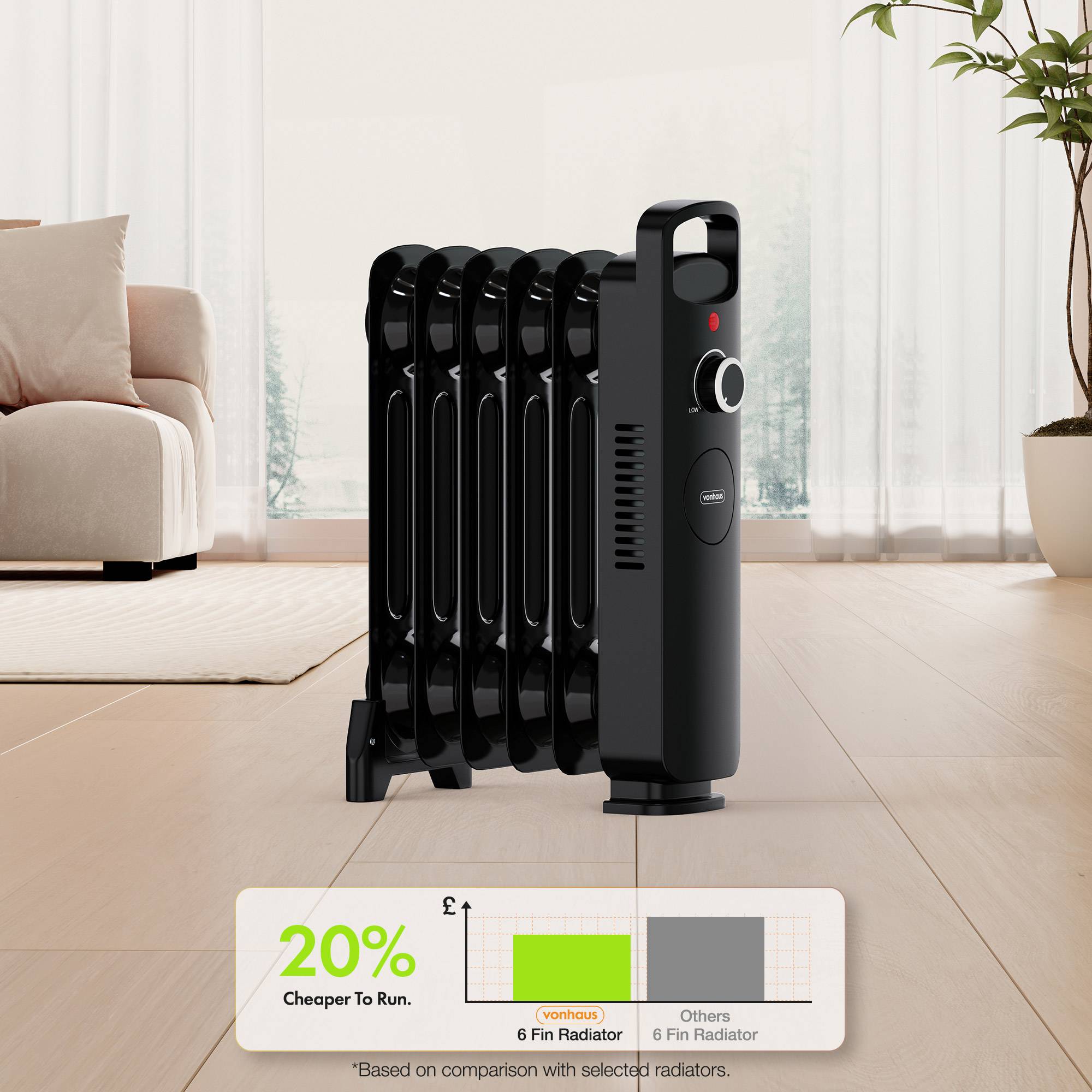 VonHaus Oil Filled Radiator 7 Fins Portable Electric Heater - Black - Image 3