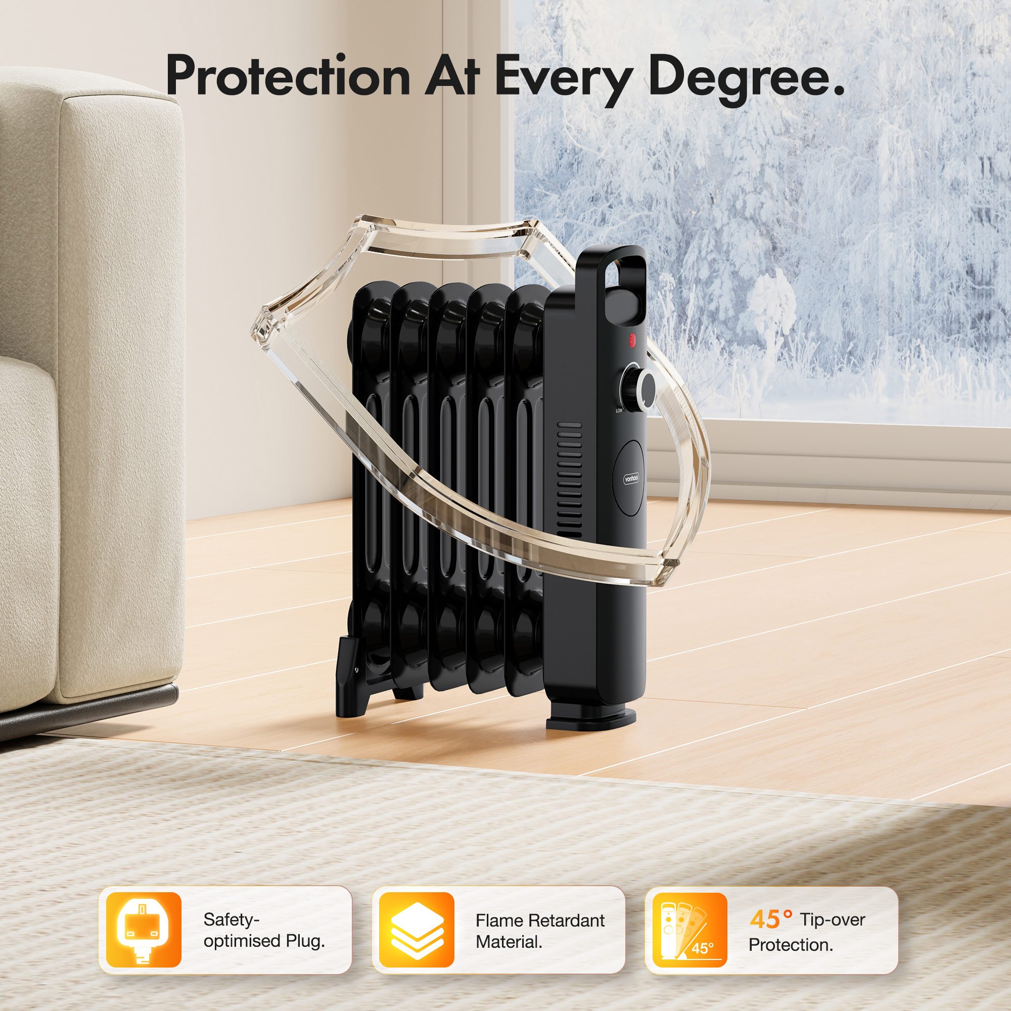 VonHaus Oil Filled Radiator 7 Fins Portable Electric Heater - Black - Image 4