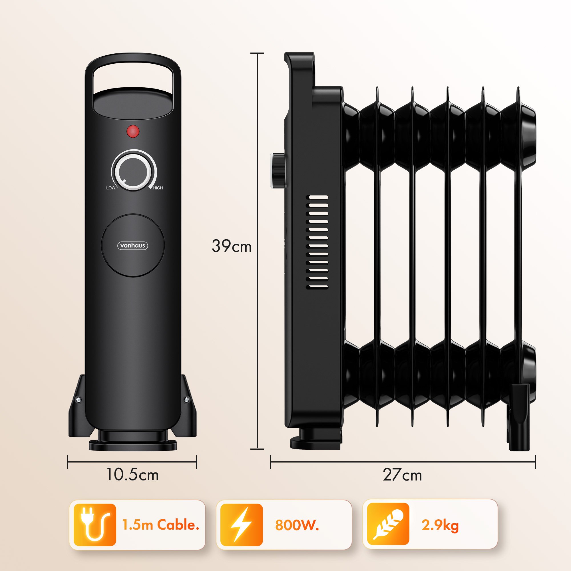 VonHaus Oil Filled Radiator 7 Fins Portable Electric Heater - Black - Image 6