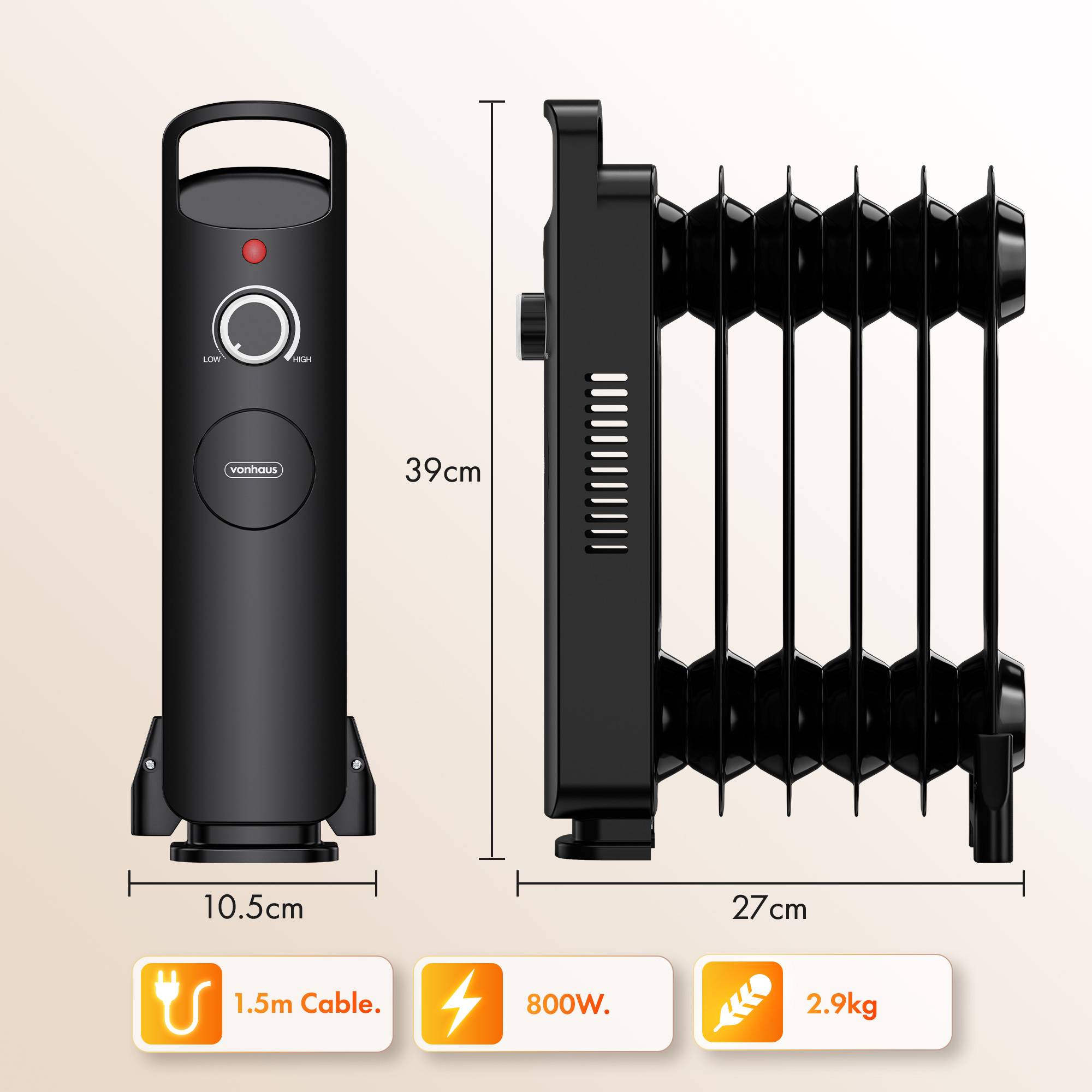 VonHaus Oil Filled Radiator 7 Fins Portable Electric Heater - Black - Image 6