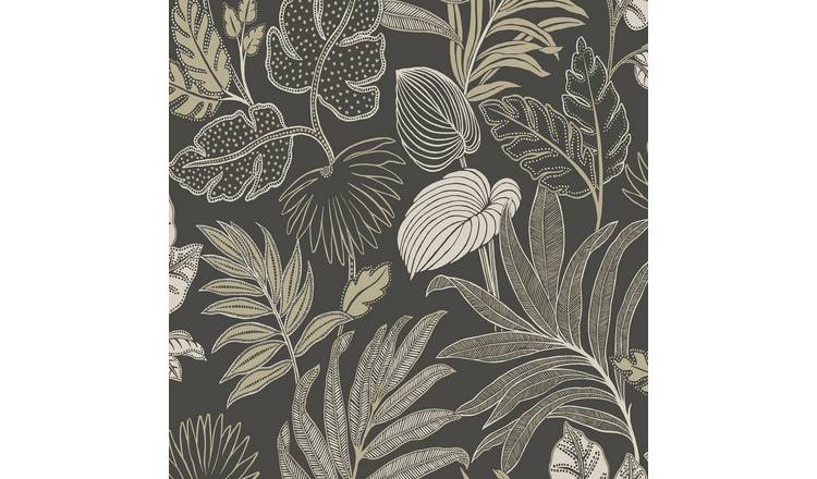 Grandeco Kew Botanical Leaves Blown Vinyl Textured Wallpaper - Black