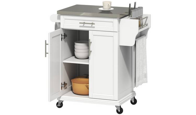HOMCOM Wooden Kitchen Island on Wheels with Stainless Steel Top - White